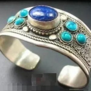 Tibet Silver Lapis & Turquoise Cuff Bracelet